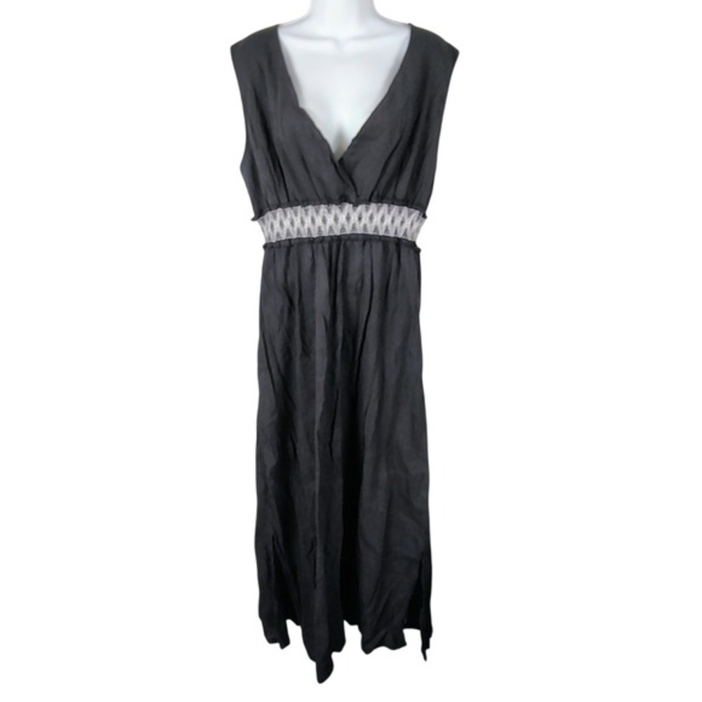 Cypress Black Cotton Gauze Smocked Empire Waist V-Neck Maxi‎ Dress L witchy goth